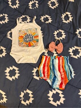Infant White Graphic Tank Bodysuit with Rainbow Stripe Bloomers and Pink Bow Set